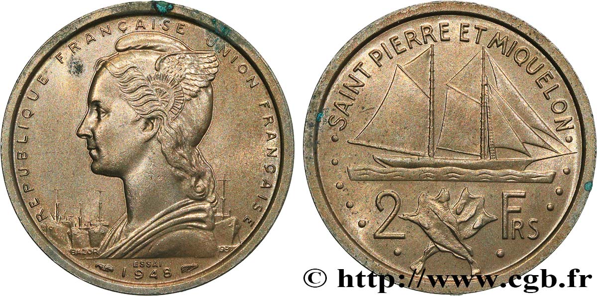 SAINT PIERRE AND MIQUELON Essai de 2 Francs 1948 Paris AU 