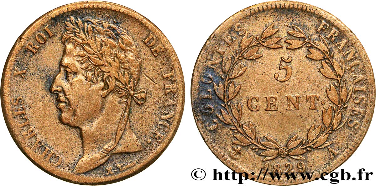 COLONIAS FRANCESAS - Charles X, para Guayana 5 Centimes Charles X 1829 Paris - A BC+ 