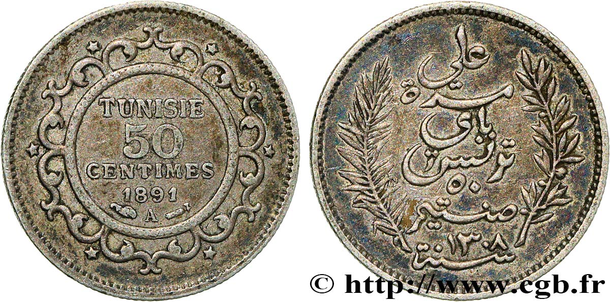 TUNEZ - Protectorado Frances 50 Centimes AH 1308 1891 Paris MBC 