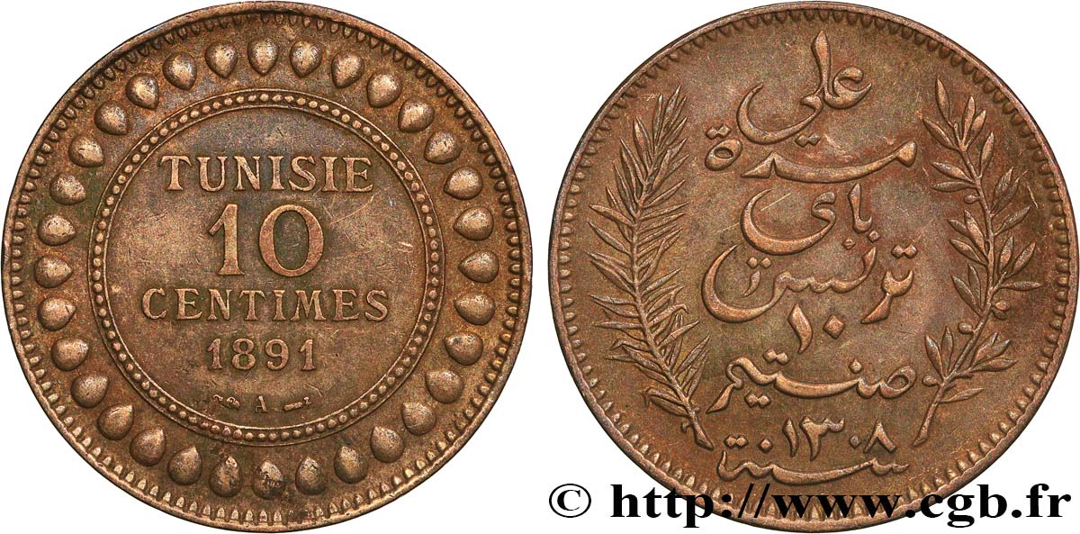 TUNEZ - Protectorado Frances 10 Centimes AH1308 1891 Paris MBC 