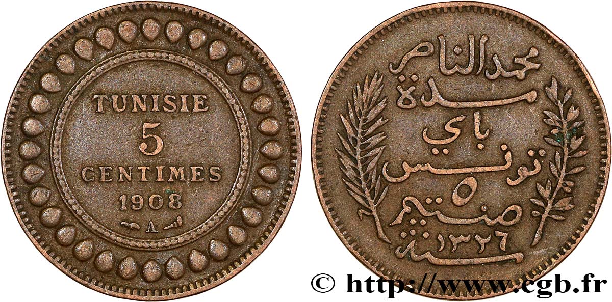 TUNISIA - Protettorato Francese 5 Centimes AH1326 1908 Paris BB 