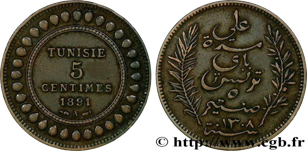 TUNISIA - French protectorate 5 Centimes AH 1309 1891 Paris XF 