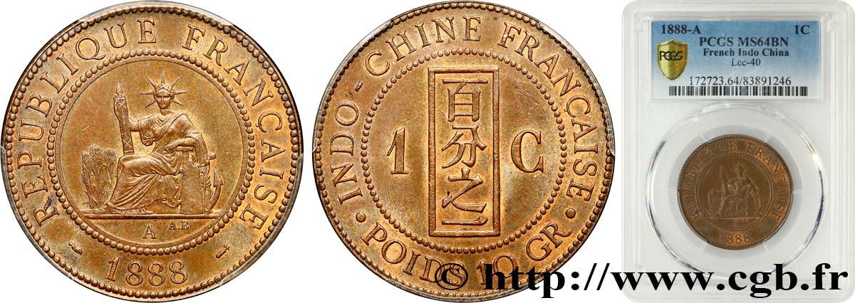 INDOCHINE FRANÇAISE 1 Centième 1888 Paris SPL64 PCGS