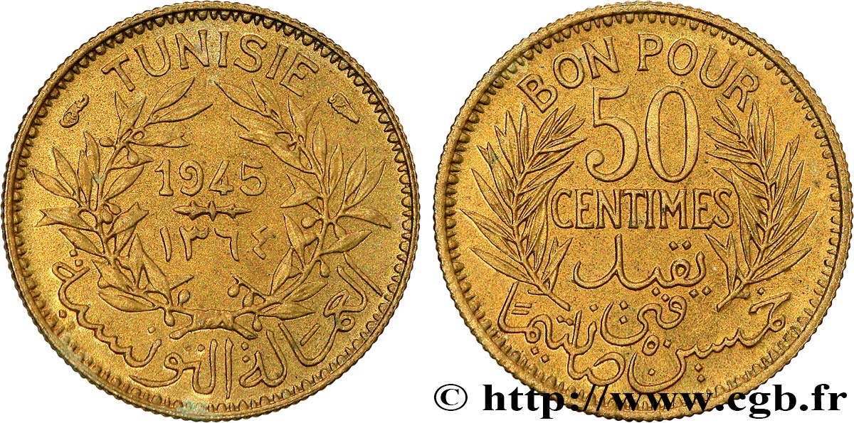 TUNEZ - Protectorado Frances 50 Centimes AH 1364 1945 Paris SC 