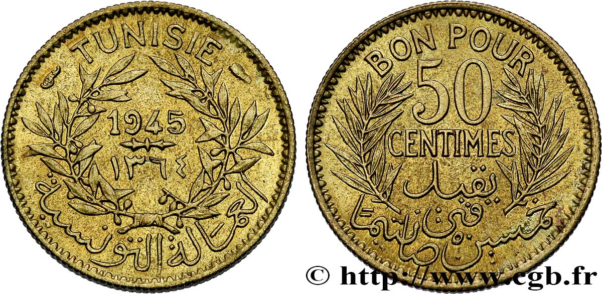 TUNESIEN - Französische Protektorate  50 Centimes AH 1364 1945 Paris fST 