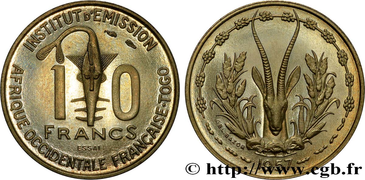 AFRIQUE OCCIDENTALE FRANÇAISE - TOGO 10 Francs Essai 1957 Paris SPL 