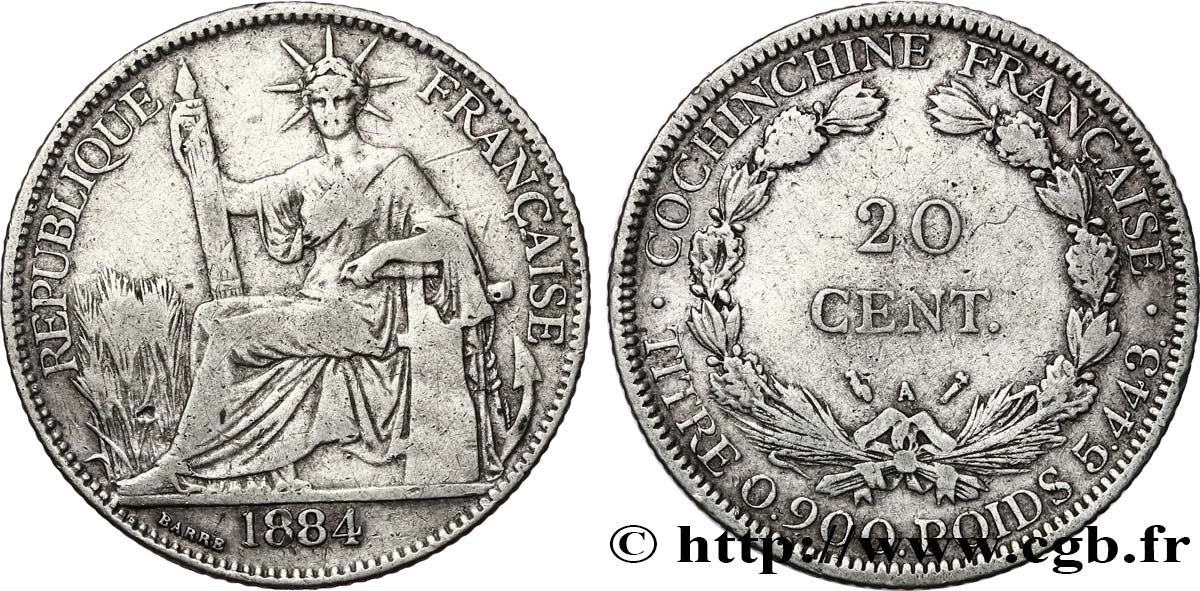 FRANZÖSISCHE COCHINCHINA 20 Centimes 1884 Paris S 