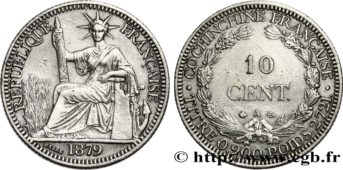 FRENCH COCHINCHINA 10 Centimes 1879 Paris XF 