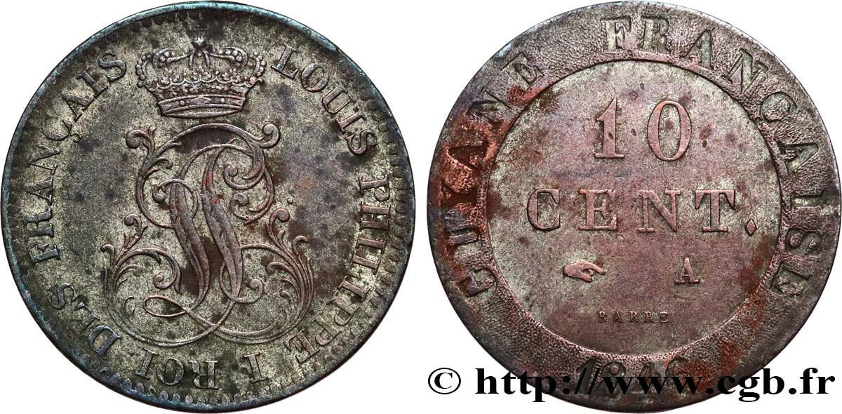 FRENCH GUIANA 10 Cent. (imes) Louis-Philippe 1846 Paris XF 