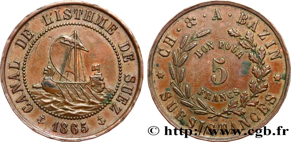 ÉGYPTE - CANAL DE SUEZ 5 francs CH. & A. BAZIN, Canal de Suez 1865  TTB+/TTB 