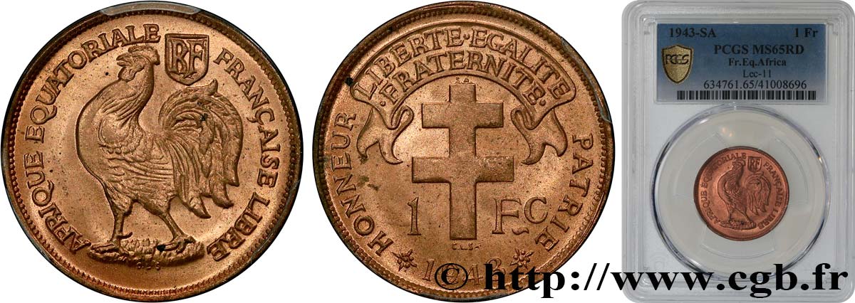 AFRIQUE ÉQUATORIALE FRANÇAISE - FRANCE LIBRE 1 Franc 1943 Prétoria FDC65 PCGS