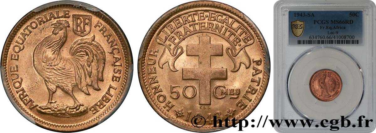 FRENCH EQUATORIAL AFRICA - FREE FRANCE  50 Centimes 1943 Prétoria MS66 PCGS
