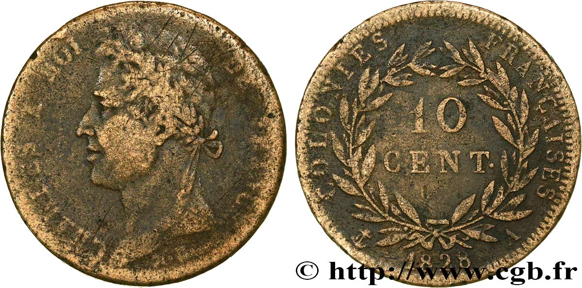 COLONIE FRANCESI - Carlo X, per Guyana 10 Centimes Charles X 1828 Paris - A q.MB 