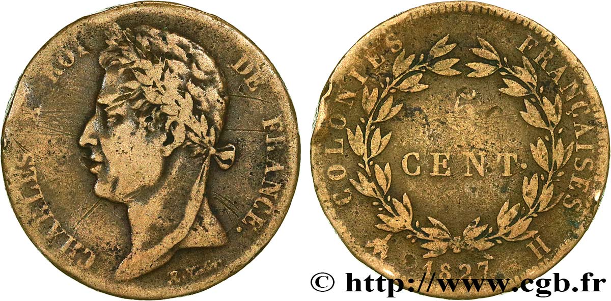 COLONIE FRANCESI - Carlo X, per Martinica e Guadalupa 5 Centimes Charles X 1827 La Rochelle - A q.BB 