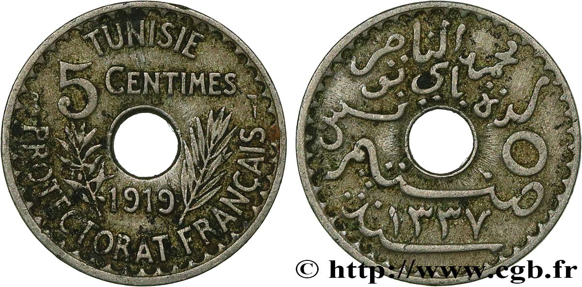 TUNISIA - French protectorate 5 Centimes AH 1337 1919 Paris XF 