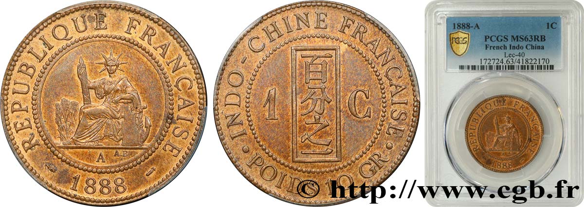INDOCINA FRANCESE 1 Centième 1888 Paris MS63 PCGS