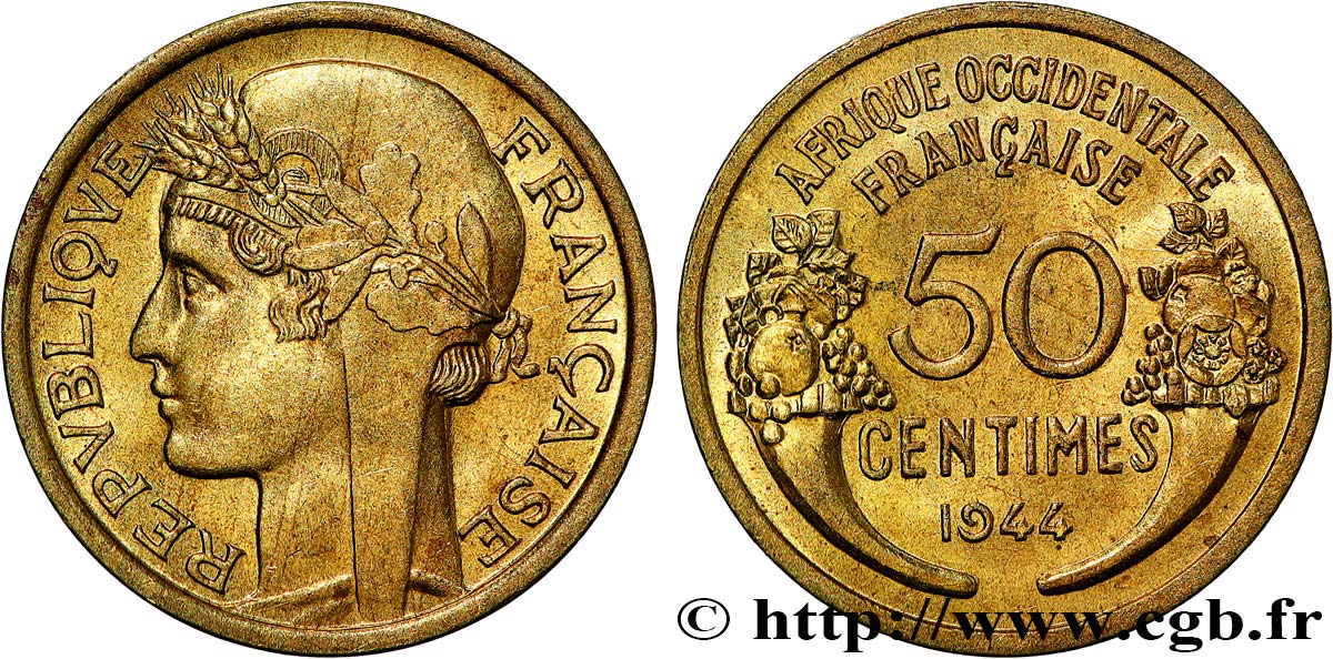 FRANZÖSISCHE WESTAFRIKA 50 Centimes Morlon 1944 Londres VZ 