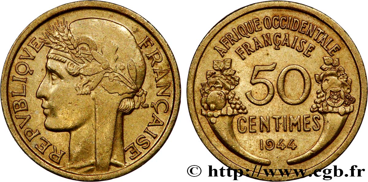AFRICA FRANCESA DEL OESTE 50 Centimes Morlon 1944 Londres EBC 