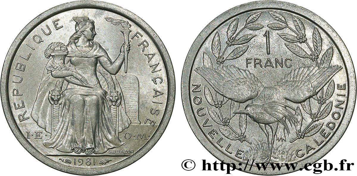 NOUVELLE CALÉDONIE 1 Franc I.E.O.M. représentation allégorique de Minerve / Kagu, oiseau de Nouvelle-Calédonie 1981 Paris SPL 