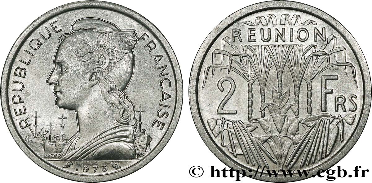 REUNION 2 Francs Marianne / canne à sucre 1973 Paris AU 