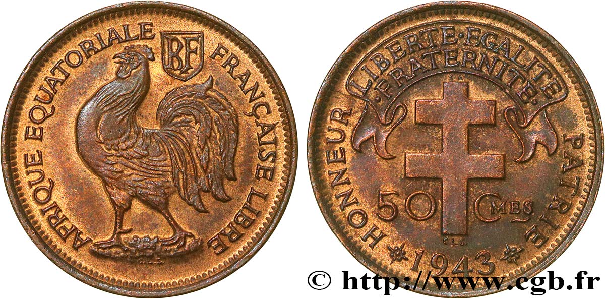 AFRIQUE ÉQUATORIALE FRANÇAISE - FRANCE LIBRE 50 Centimes 1943 Prétoria TTB+ 