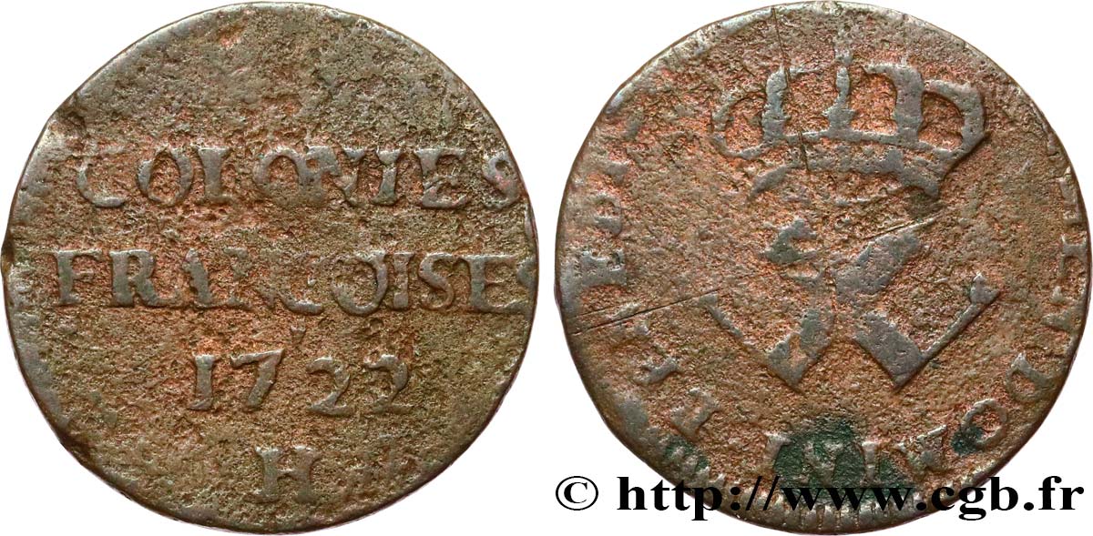 AMÉRIQUE - Louisiane, Acadie, Canada 9 Deniers, Colonies Françoises 1722 La Rochelle B+ 