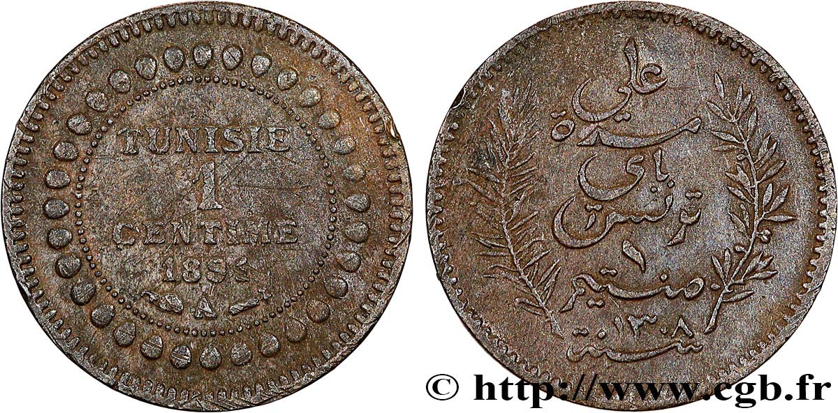 TUNISIA - French protectorate 1 Centime AH1308 1891 Paris XF 