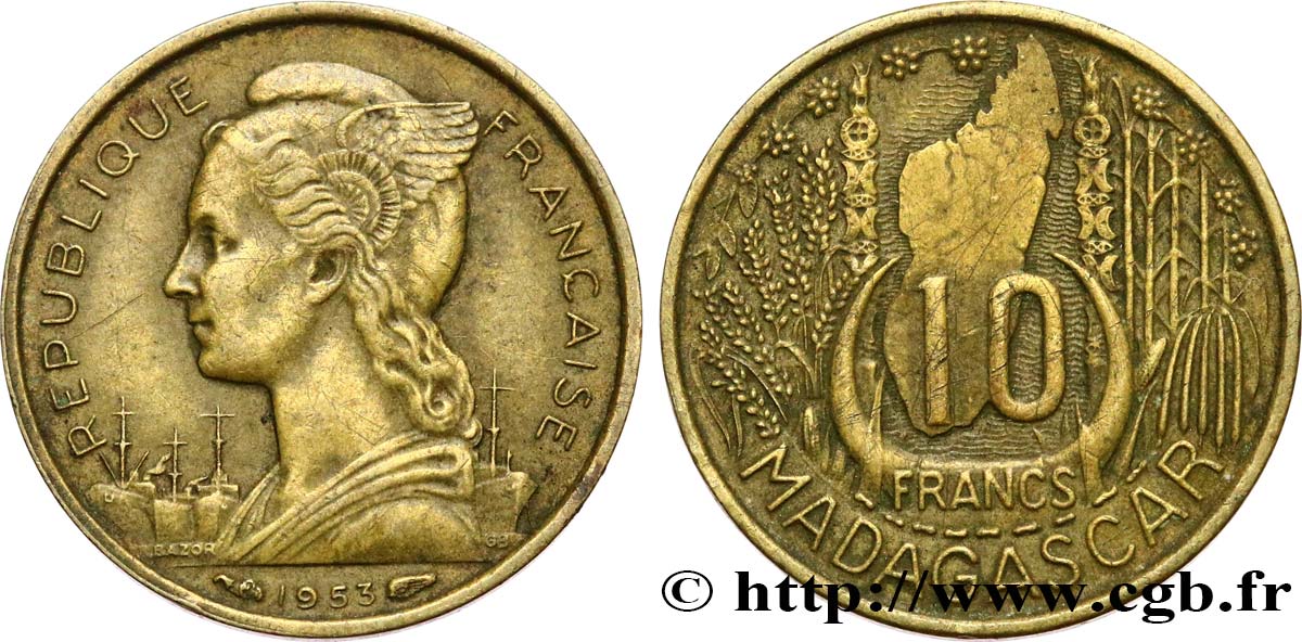 MADAGASCAR French Union 10 Francs 1953 Paris XF 