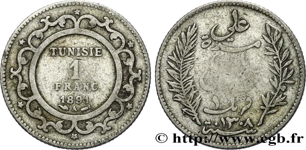TUNISIA - French protectorate 1 Franc AH1308 1891 Paris VF 