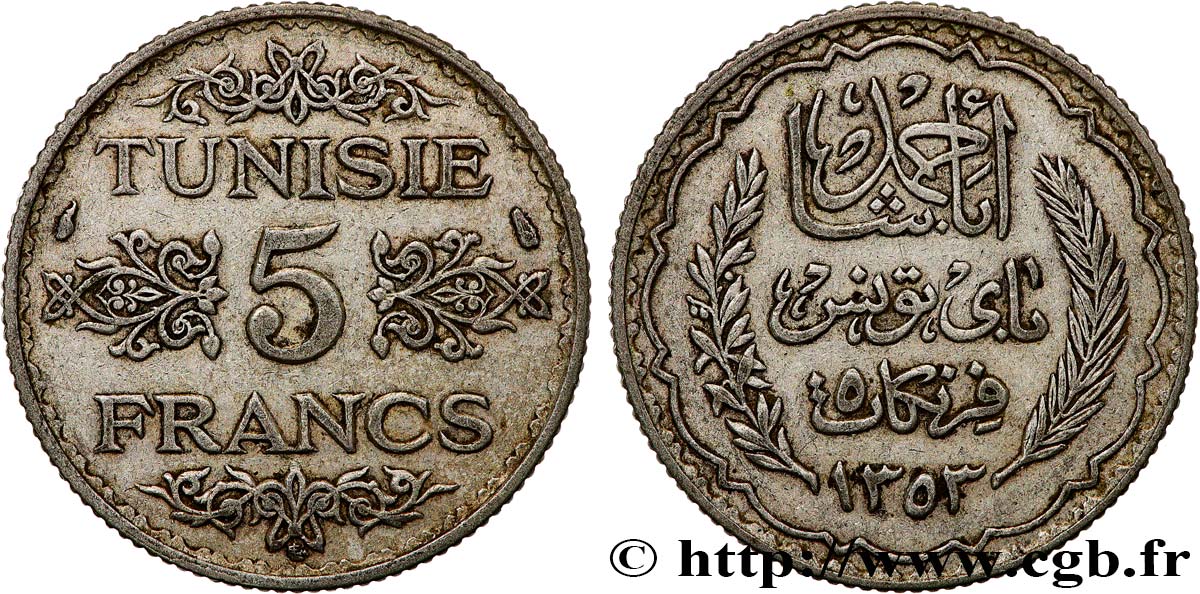 TUNESIEN - Französische Protektorate  5 Francs AH 1353 1934 Paris SS 