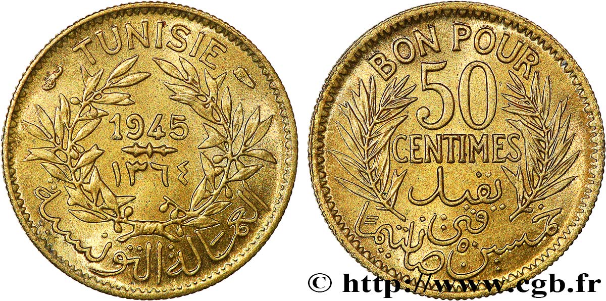 TUNESIEN - Französische Protektorate  50 Centimes AH 1364 1945 Paris fST 