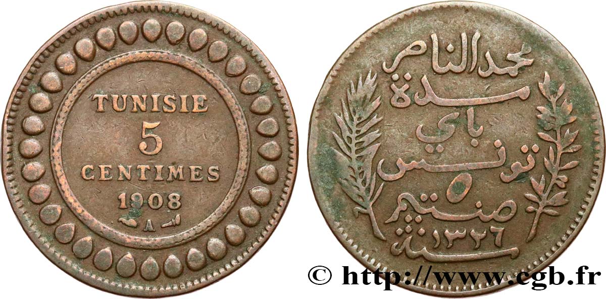 TUNISIA - French protectorate 5 Centimes AH1326 1908 Paris XF 