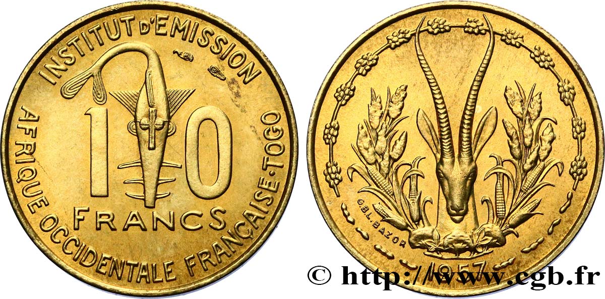 FRANZÖSISCHE WESTAFRIKA - TOGO 10 Francs 1957 Paris fST 