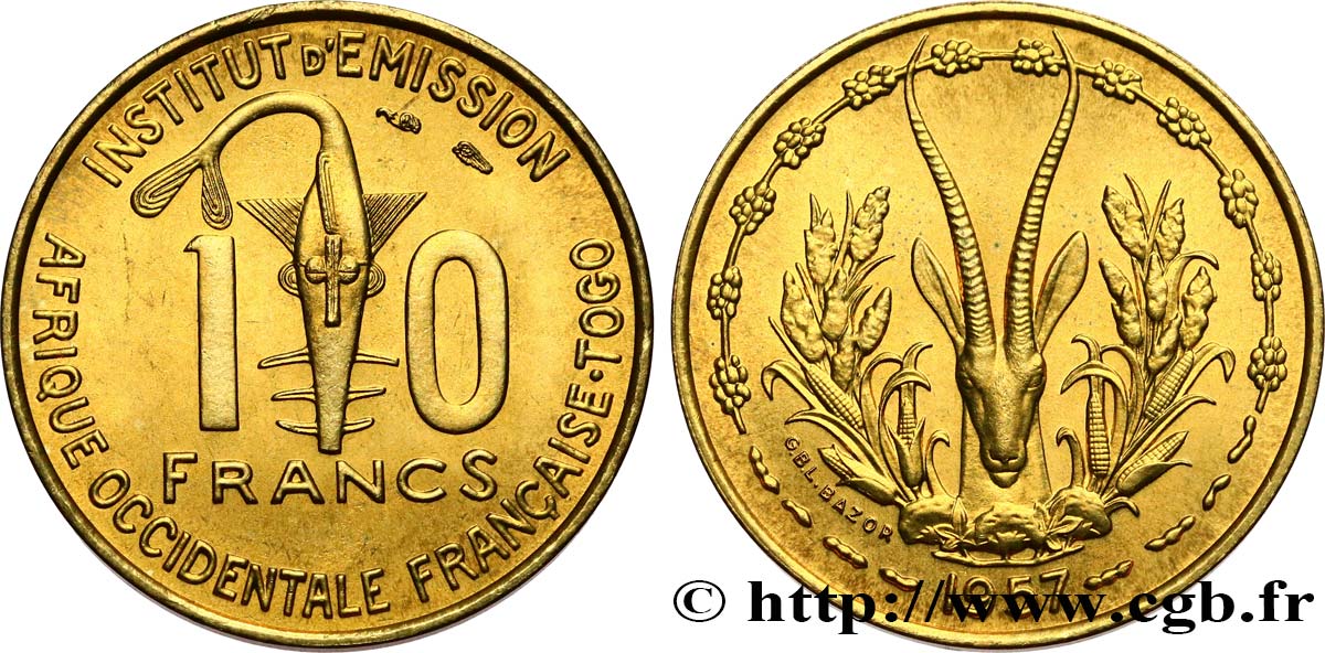 FRENCH WEST AFRICA - TOGO 10 Francs 1957 Paris MS 