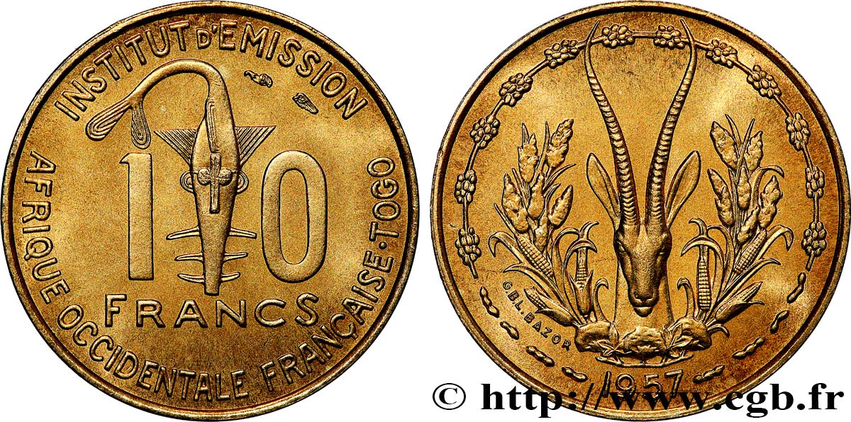 FRANZÖSISCHE WESTAFRIKA - TOGO 10 Francs 1957 Paris fST 