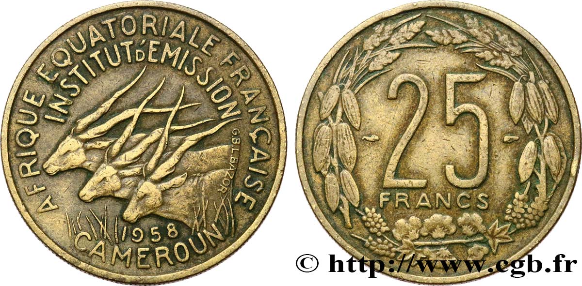 FRENCH EQUATORIAL AFRICA - CAMEROON 25 Francs antilopes 1958 Paris XF 