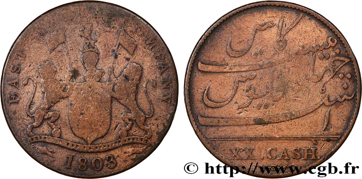 ISOLA DE FRANCIA (MAURITIUS) XX (20) Cash East India Company 1803 Madras MB 