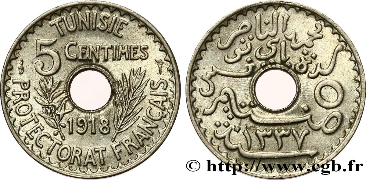 TUNESIEN - Französische Protektorate  5 Centimes AH 1337 1918 Paris fVZ/VZ 