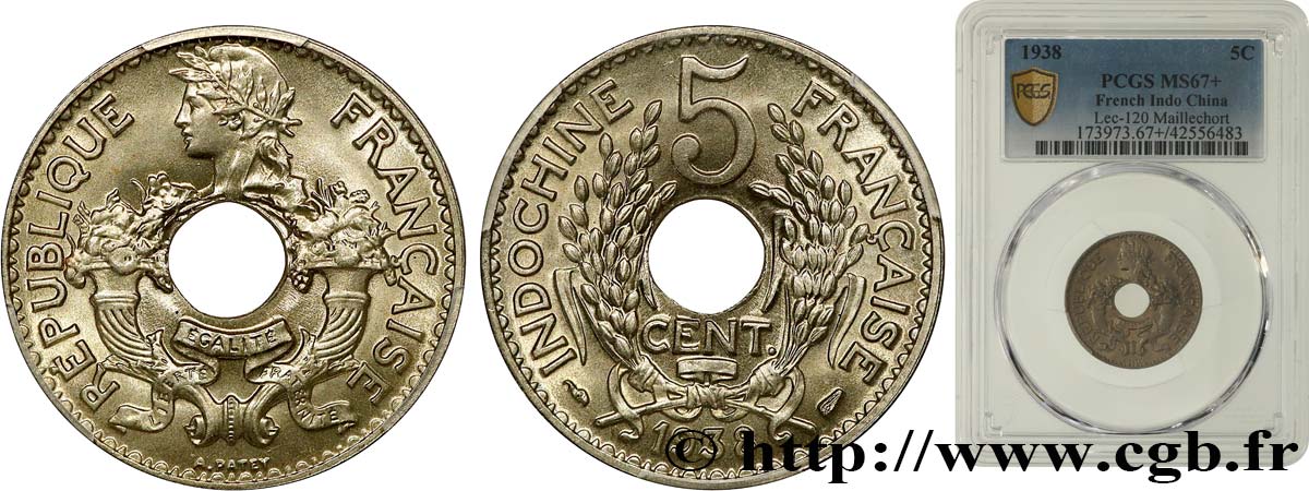 INDOCHINE FRANÇAISE 5 Centièmes 1938 Paris FDC67 PCGS