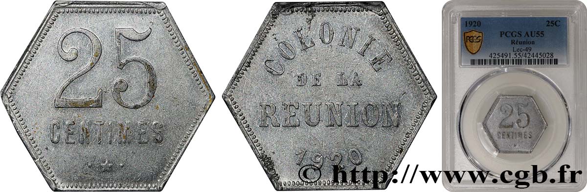 ÎLE DE LA RÉUNION - Troisième République 25 Centimes 1920  SUP55 