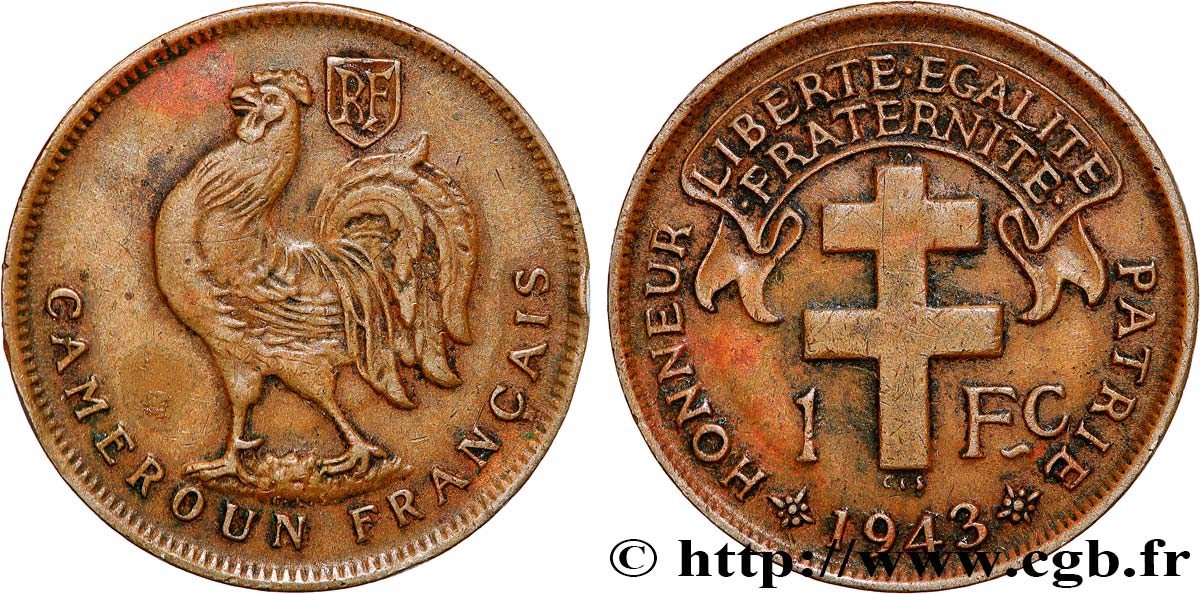 CAMEROUN - TERRITOIRES SOUS MANDAT FRANÇAIS 1 Franc ‘Cameroun Français’ 1943 Prétoria TTB 