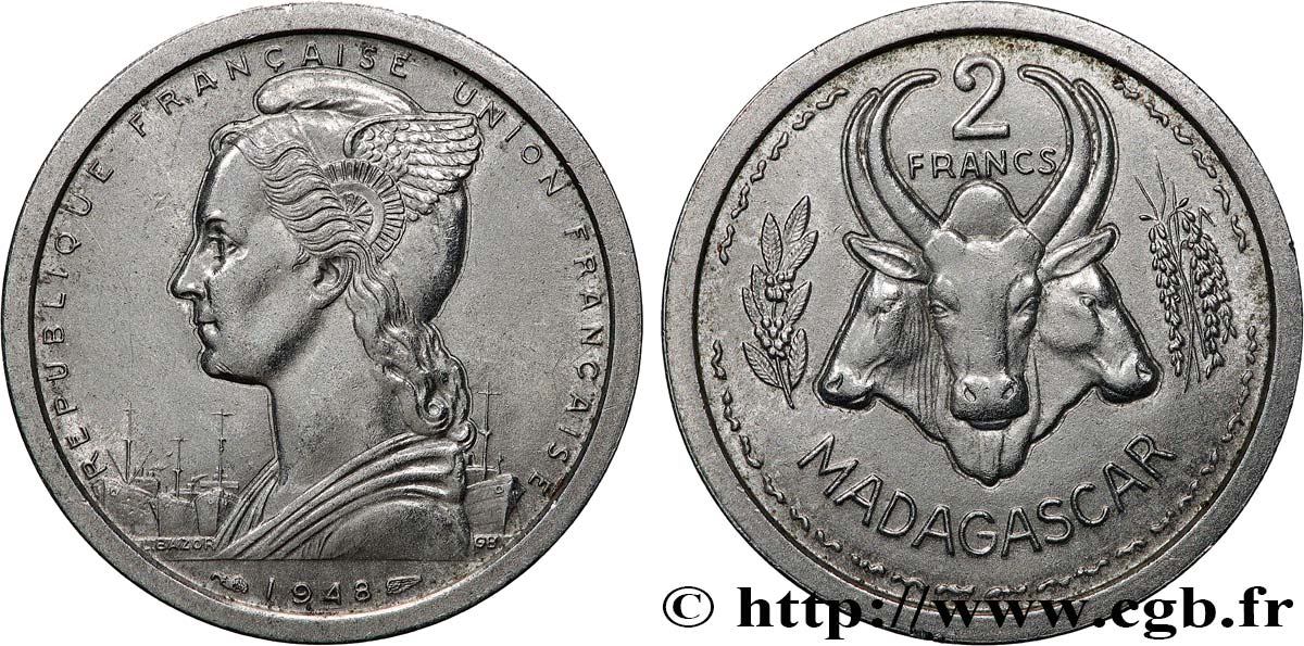 MADAGASCAR - UNION FRANCESE 2 Francs 1948 Paris SPL 