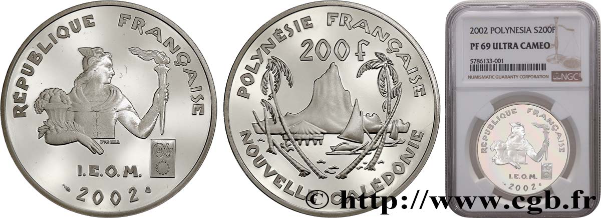 POLYNÉSIE FRANÇAISE ET NOUVELLE CALÉDONIE 200 Francs Proof I.E.O.M. 2002 Paris FDC69 NGC