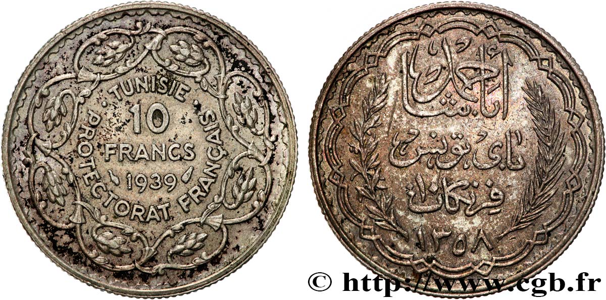 TUNESIEN - Französische Protektorate  10 Francs au nom du Bey Ahmed an 1358 1939 Paris fVZ 