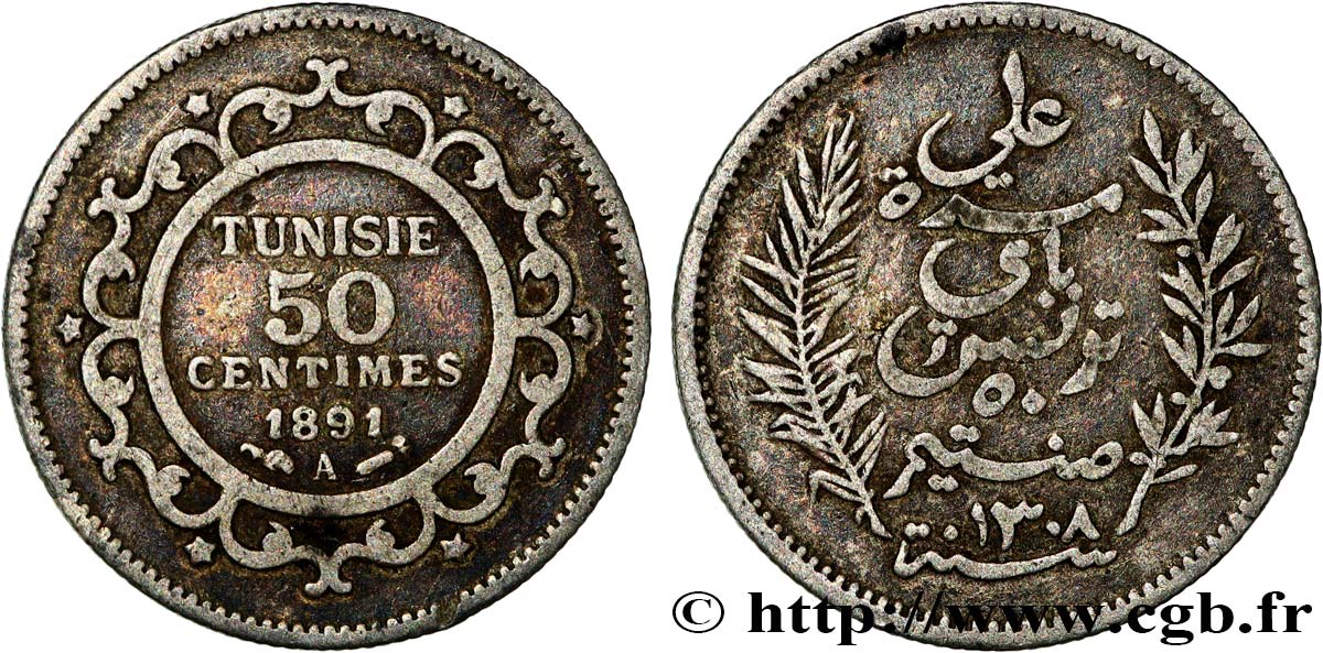 TUNISIE - PROTECTORAT FRANÇAIS 50 Centimes AH 1308 1891 Paris TTB 