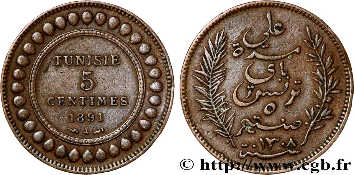 TUNISIE - PROTECTORAT FRANÇAIS 5 Centimes AH 1308 1891 Paris TTB 