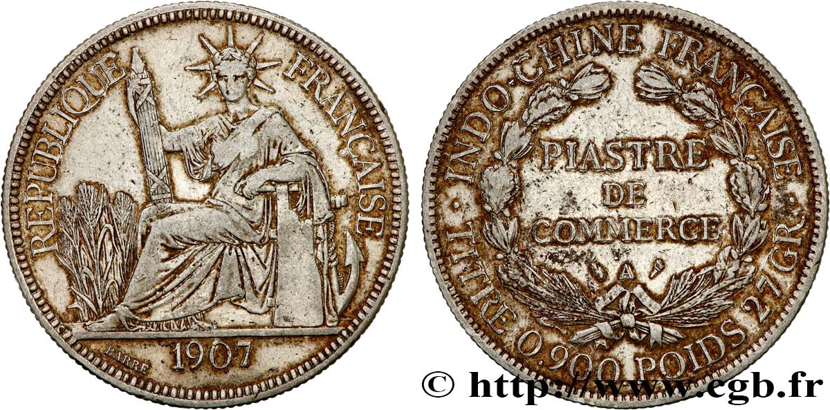 INDOCINA FRANCESE 1 Piastre de Commerce 1907 Paris q.BB 