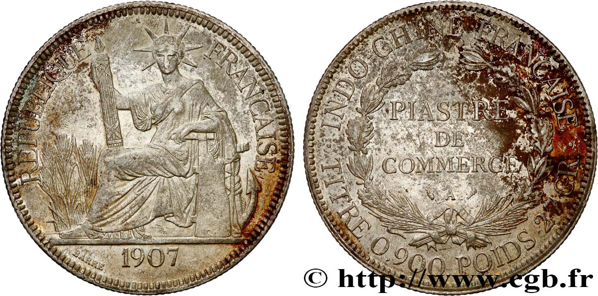 FRENCH INDOCHINA 1 Piastre de Commerce 1907 Paris XF 