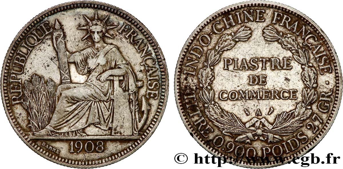 INDOCHINE FRANÇAISE 1 Piastre de Commerce 1908 Paris TB+ 