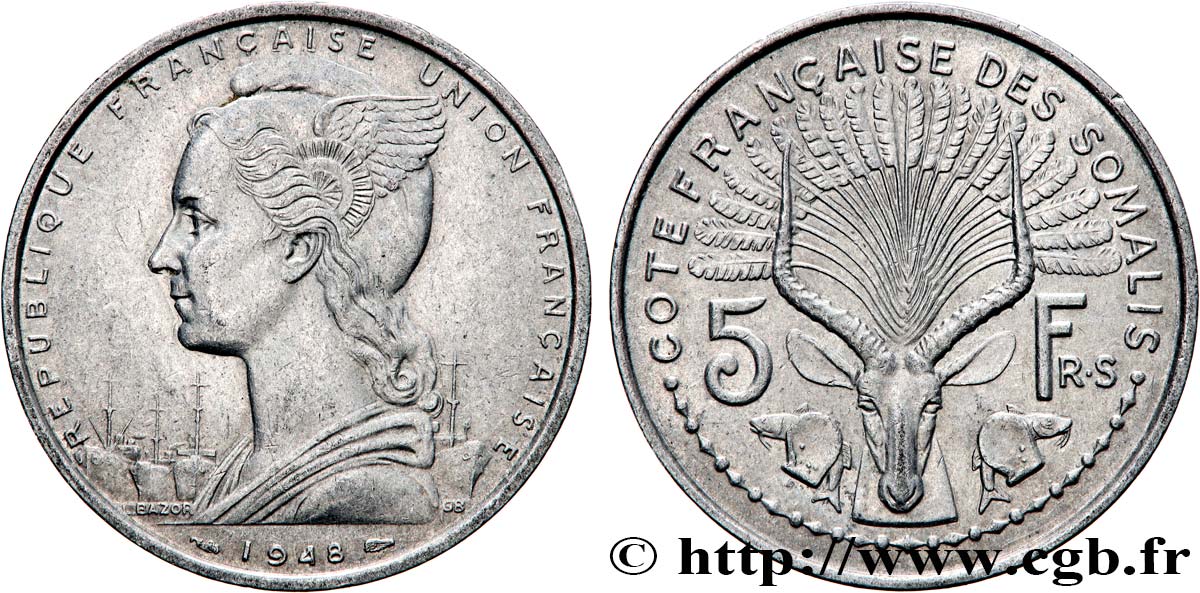 SOMALIA FRANCESE 5 Francs 1948 Paris q.BB 